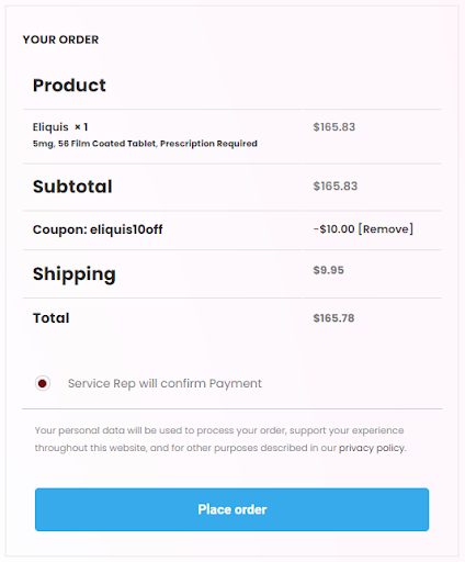 Place order using Eliquis coupon